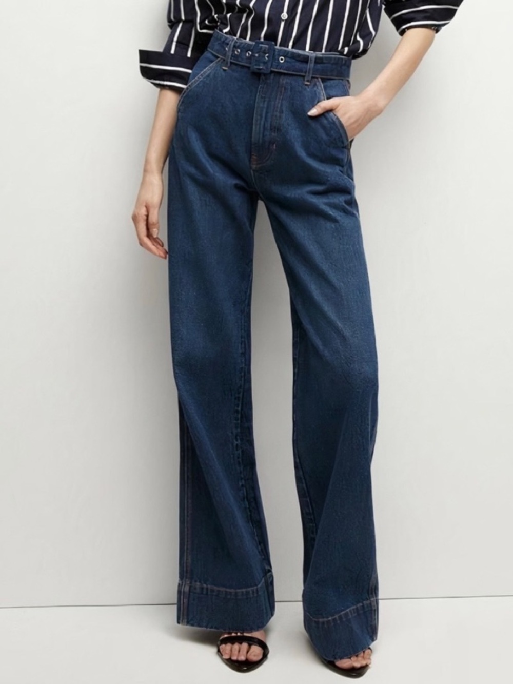 Veronica Beard Taylor High Rise Belted Wide Leg Jeans Dark Wash Size 28